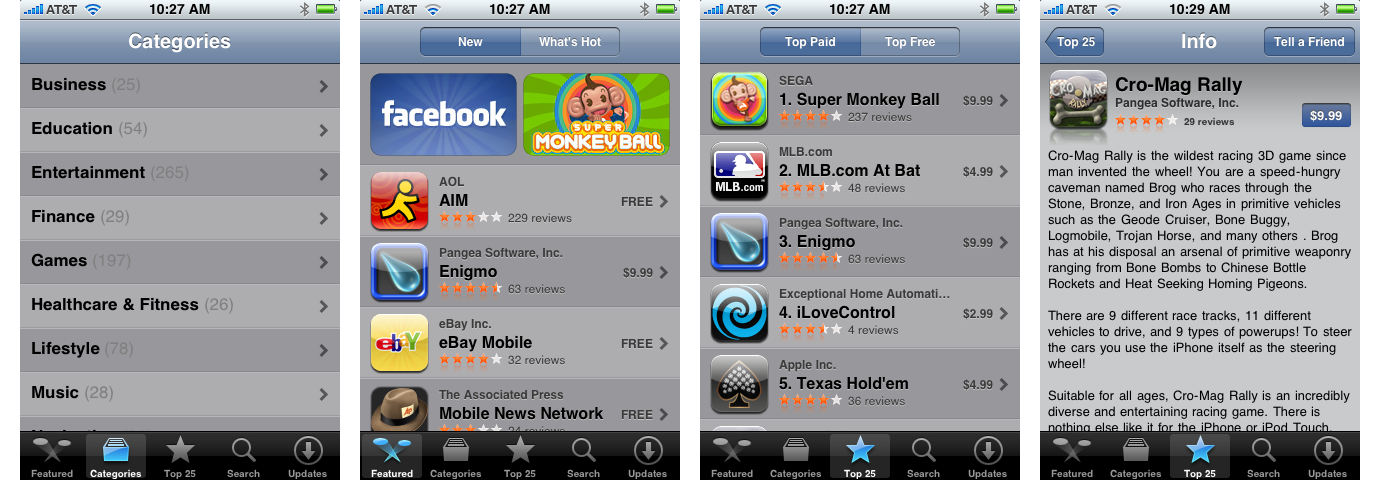 iPhone OS 2 App Store categories, new apps, top paid apps, and app info page (2008)